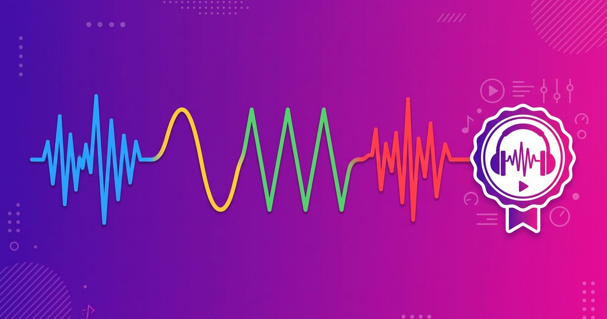 Four waveforms flowing together with a watermark stamp icon